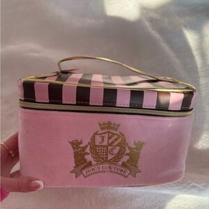 Vintage inspired Juicy Couture Pink and Brown Cosmetic Bag with Gold Accents
